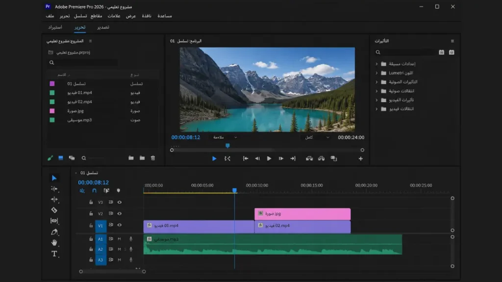 واجهة برنامج Adobe Premiere Pro 2026 باللغة العربية أثناء تعديل فيديو احترافي