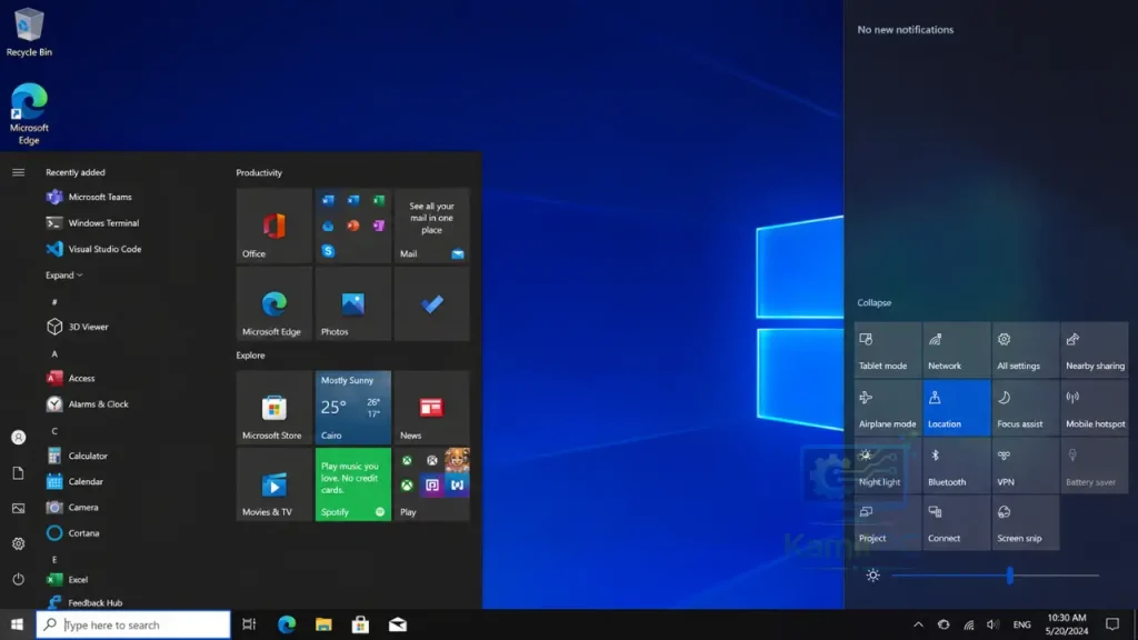 واجهة نظام Windows 10 Pro مع قائمة ابدأ ومركز الإشعارات بتصميم حديث وأداء احترافي