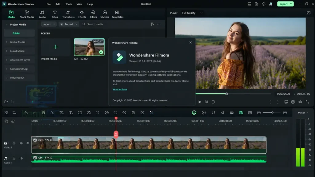 مساحة عمل تحرير الفيديو Wondershare Filmora تعرض تحرير الخط الزمني، ومكتبة الوسائط، ونافذة المعاينة، ومشروع فيديو لفتاة على نظام التشغيل Windows.