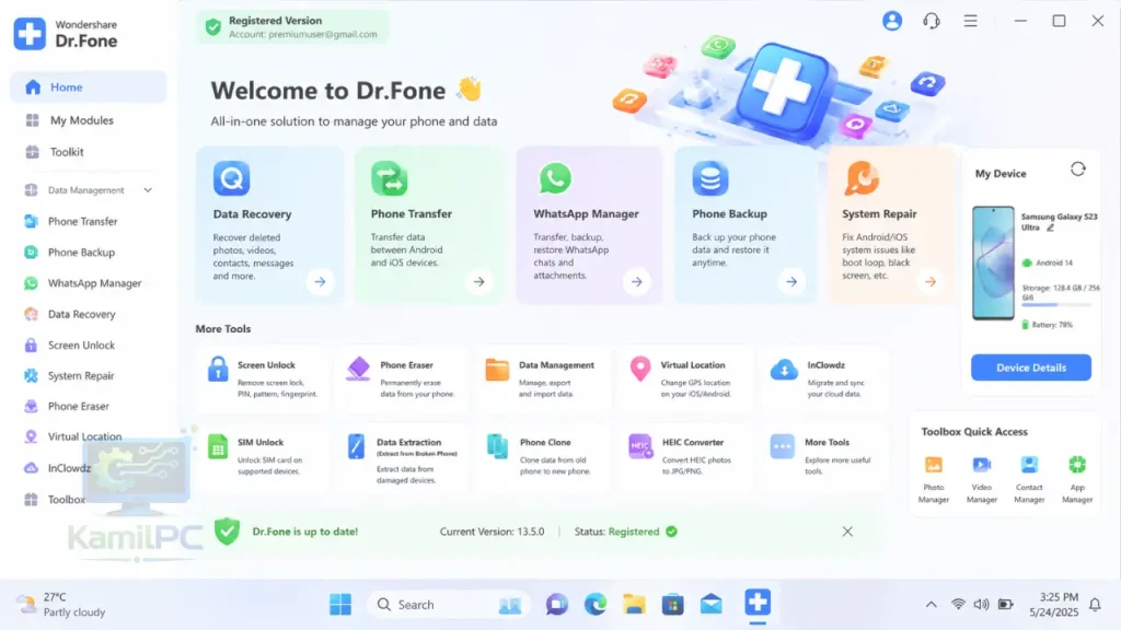 واجهة برنامج Dr.Fone لنظام التشغيل Windows، الإصدار المسجل، تعرض أدوات استعادة البيانات، ونقل المكالمات الهاتفية، ونقل البيانات عبر واتساب، والنسخ الاحتياطي، وإصلاح النظام.