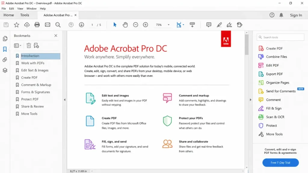 لقطة شاشة لواجهة برنامج Adobe Acrobat Pro DC لتحرير ملفات PDF
