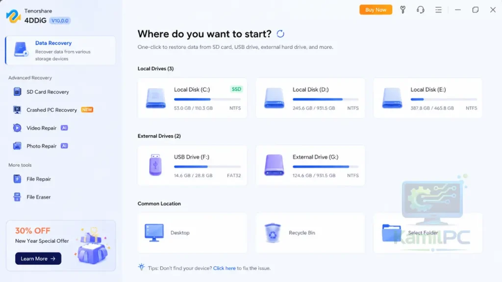 لقطة شاشة لواجهة الإصدار المسجل غير المحدود من برنامج Tenorshare 4DDiG لاستعادة البيانات على نظام ويندوز