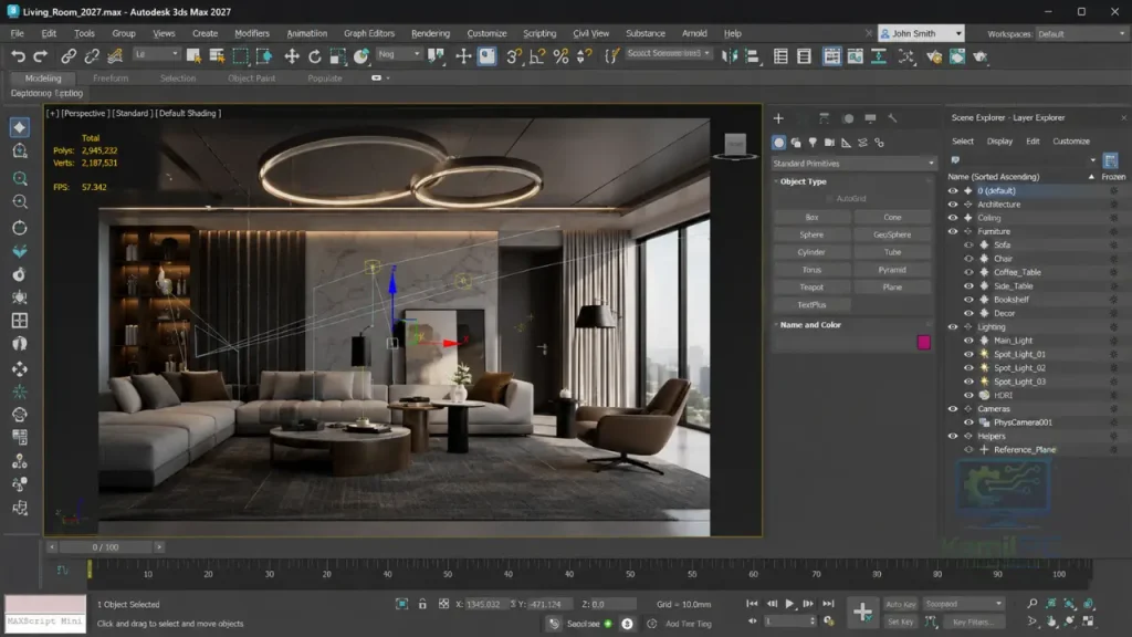 واجهة Autodesk 3DS MAX 2027 تعرض مشروع تصميم داخلي ثلاثي الأبعاد مع أدوات النمذجة والتحريك والرندر.