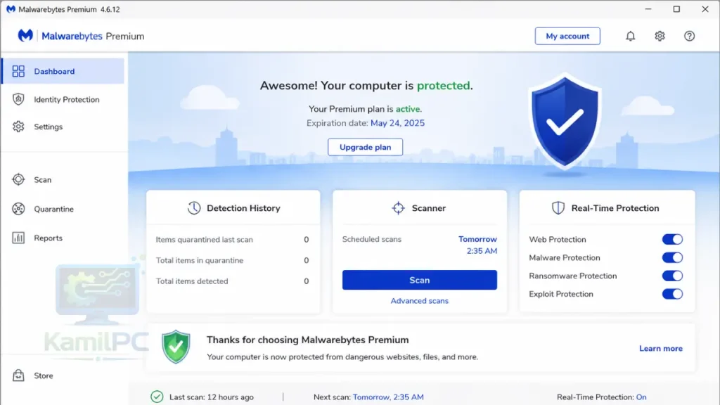 واجهة برنامج Malwarebytes Premium لنظام التشغيل Windows - أحدث إصدار مسجل